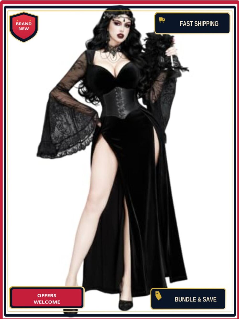 Velvet Gothic Maxi Dress Lace Bell Sleeve High Slit Prom